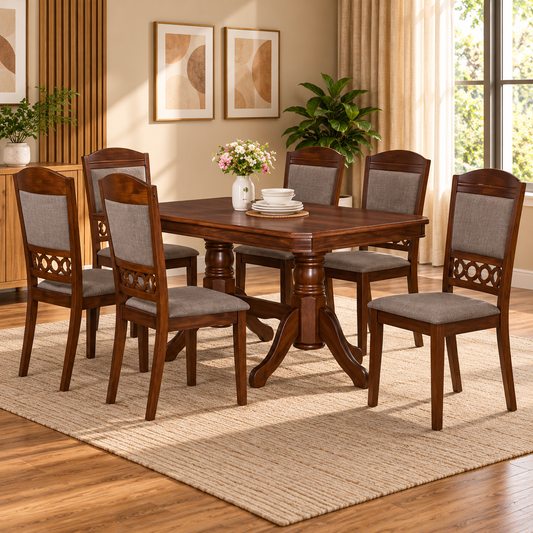 Gloriosa 6 Seater Dining Set | Rectangular Wooden Dining Table with Fabric Upholstered Chairs