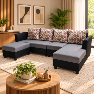 Hollie L-Type Sofa | Fabric Upholstered with Cushions & Stool