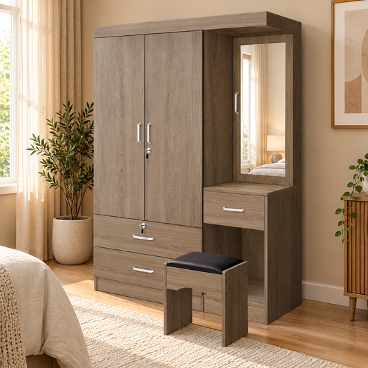 Jeremiah 2 Door Wardrobe with Dresser, Stool & 3 Drawers
