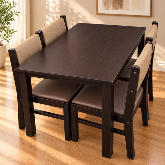 Apollo 4 Seater Dining Set | Rectangular Wooden Dining Set with Cushioned Seats and top glass