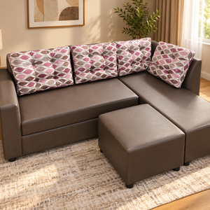 Crossandra L-Type Sofa | Leatherette Upholstered with Cushions & Stool