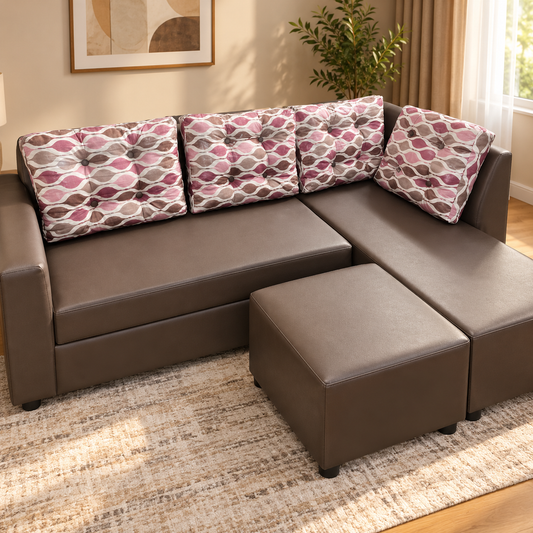 Crossandra L-Type Sofa | Leatherette Upholstered with Cushions & Stool